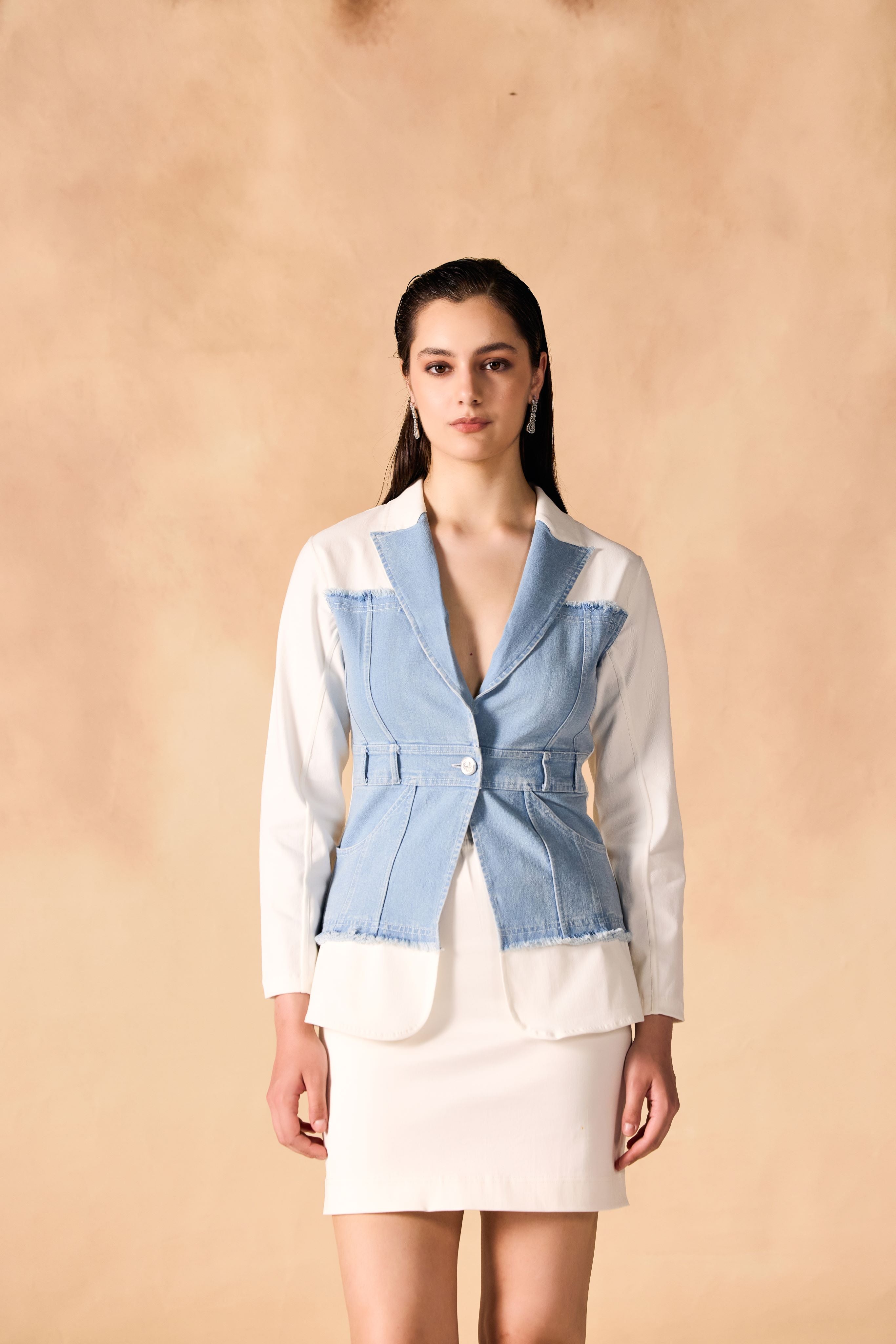 Panelled Denim & Twill Structured Jacket