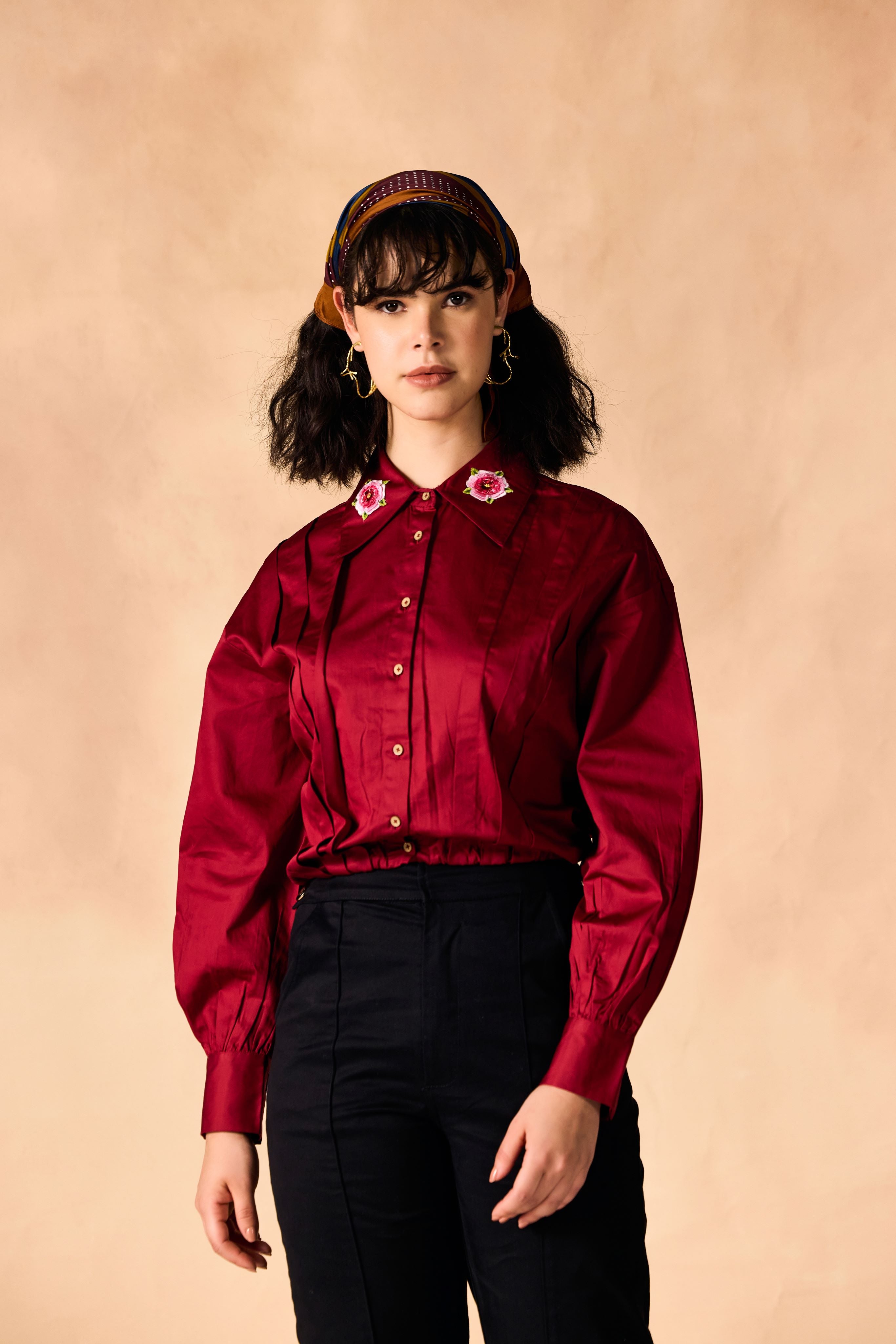 Pleated Floral 3D Embroidered Shirt