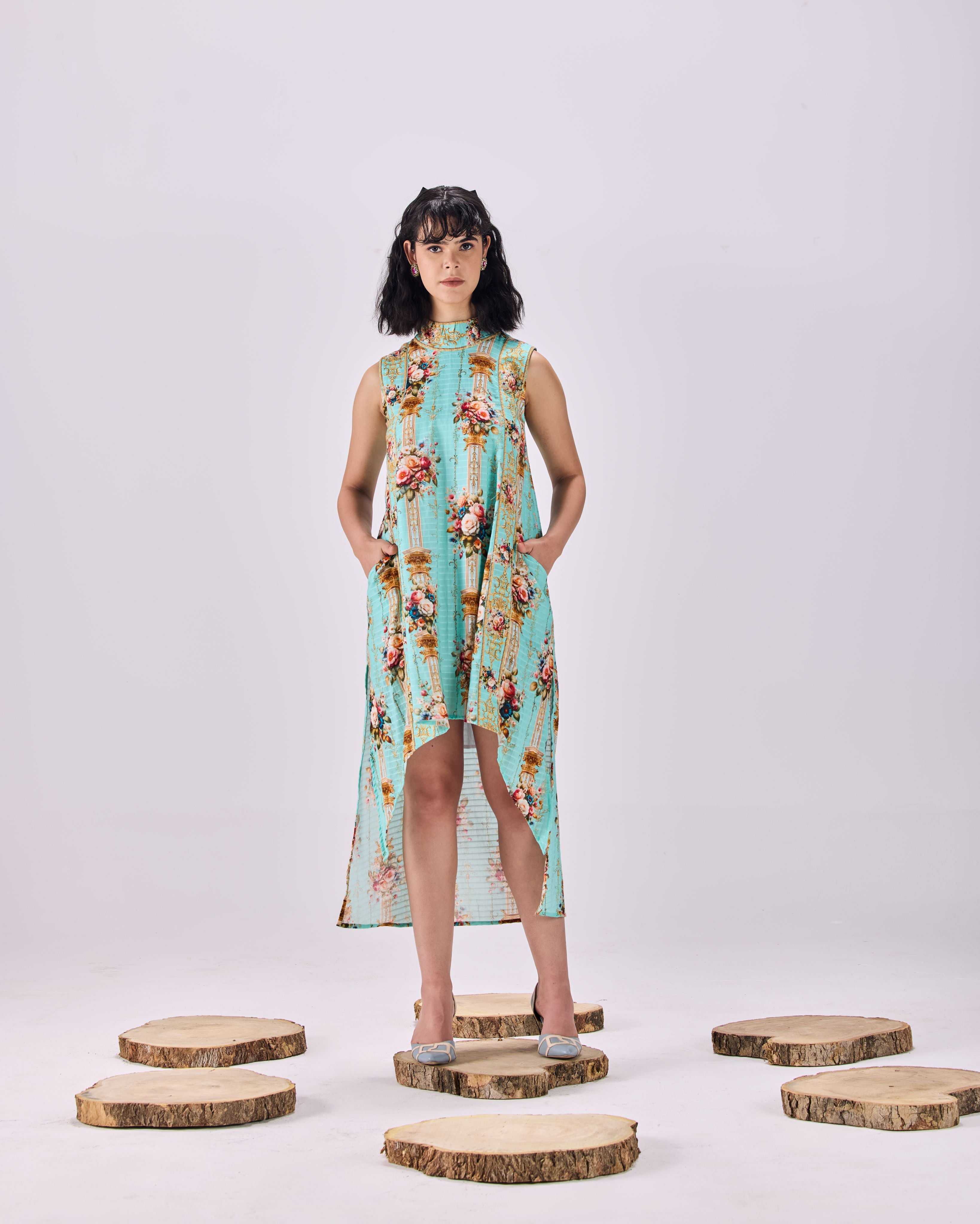 High Neck Vintage Floral Stripe Shift Dress
