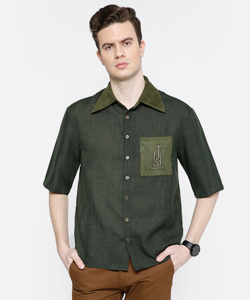 Embroidered Pocket Blended Linen Shirt 