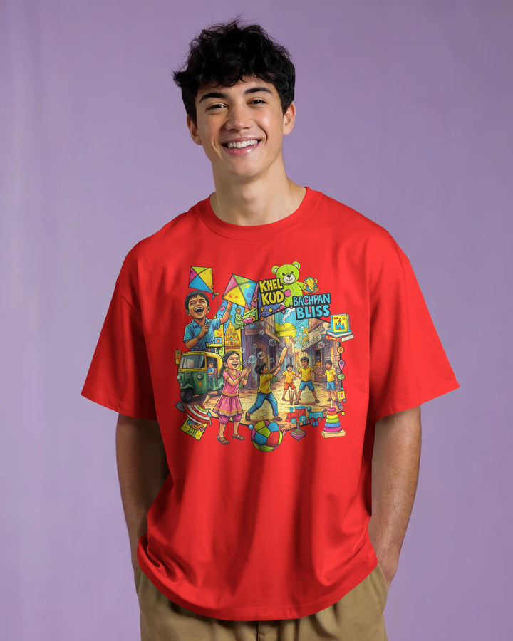 Red Playful Childhood Street Art Unisex T-Shirt Male Boxy-Fit