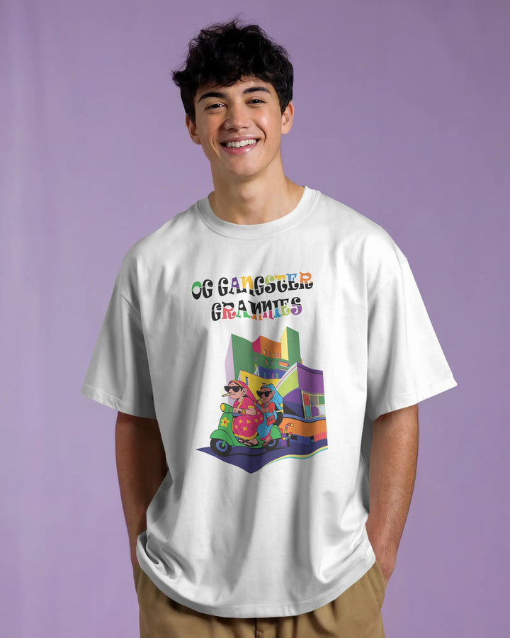 White OG Gangster Grannies Unisex Graphic T-Shirt Male Boxy-Fit