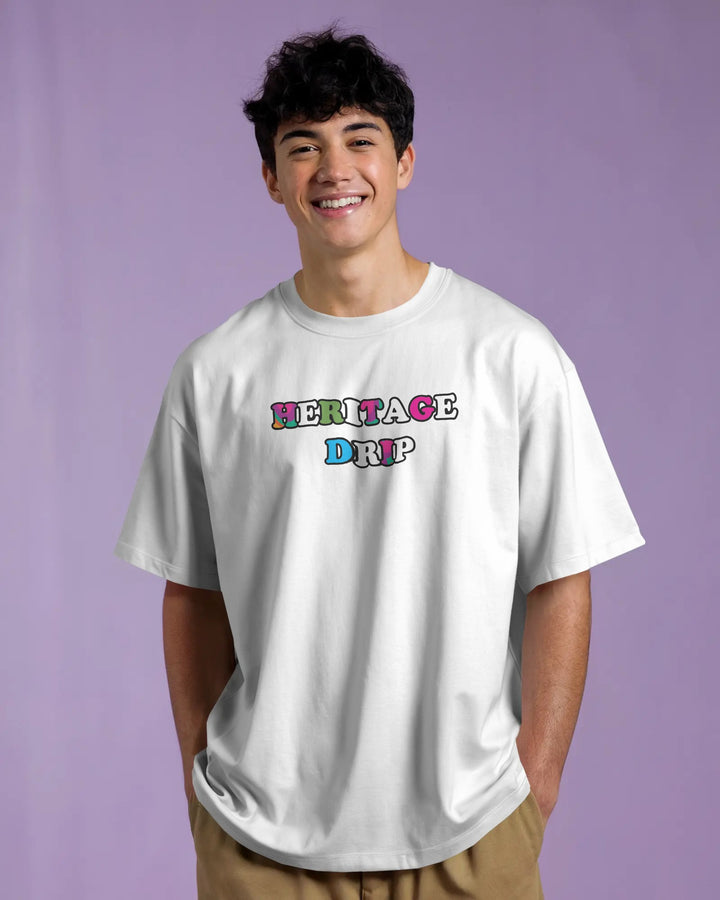 White Heritage Drip with Bold Kathakali Artwork Unisex T-Shirt Boxy-Fit Male