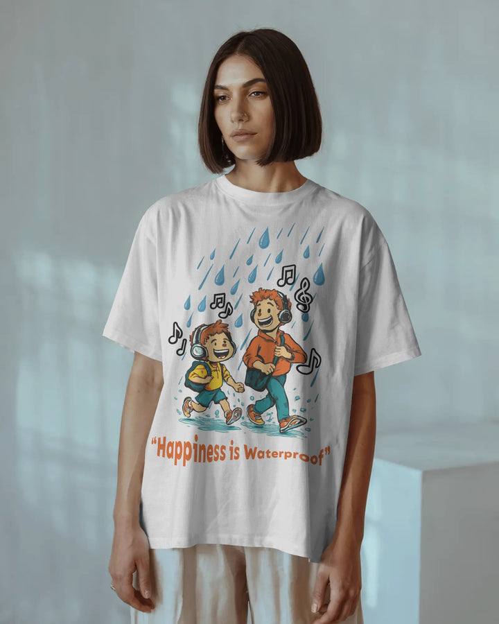 White Nostalgic Rain Artwork Happiness Unisex T-Shirt Boxy-Fit Female