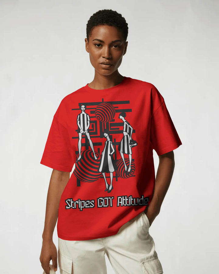 Red Retro Striped Artwork Unisex T-Shirt Female Boxy-Fit