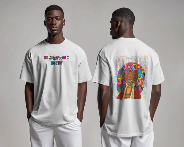 White Heritage Drip with Bold Kathakali Artwork Unisex T-Shirt