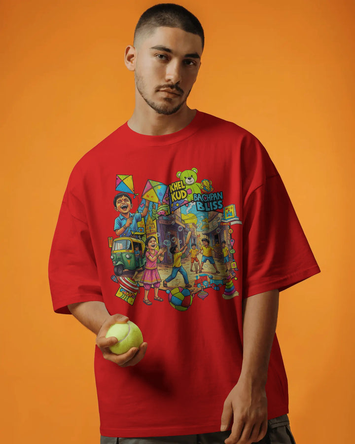 Red Playful Childhood Street Art Unisex T-Shirt Male Oversized-Fit