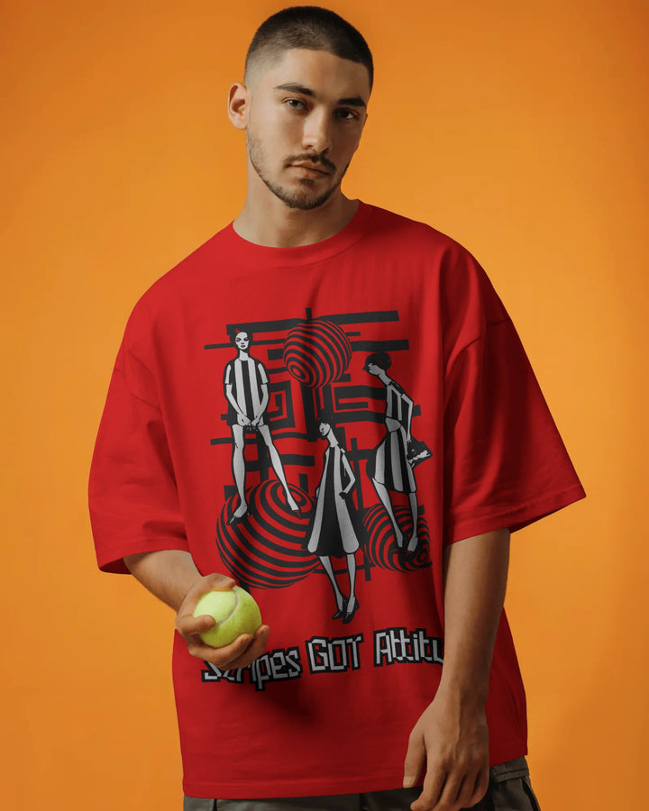 Red Retro Striped Artwork Unisex T-Shirt Male Oversized-Fit