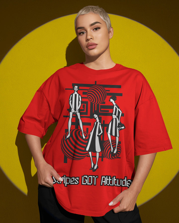 Red Retro Striped Artwork Unisex T-Shirt Female Oversized-Fit