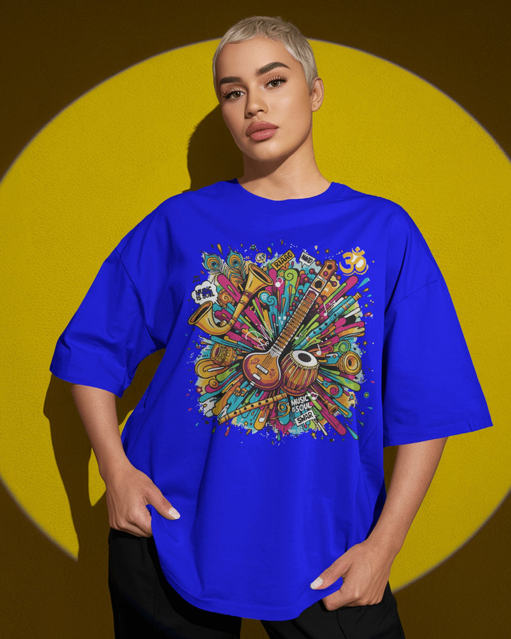 Blue Indian Music-Inspired Streetwear Unisex T-Shirt Female Oversized-Fit