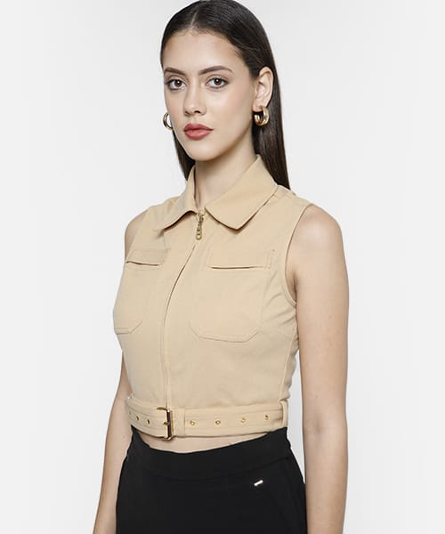 Gold Metal Zip Belted Crop Top