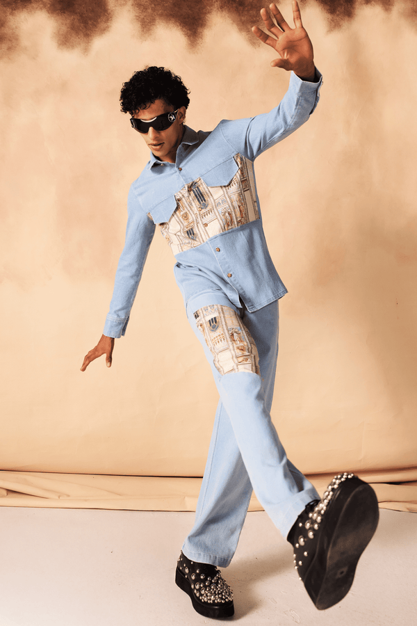 Ancient Roman Print Contrast Yoke Denim Shirt
