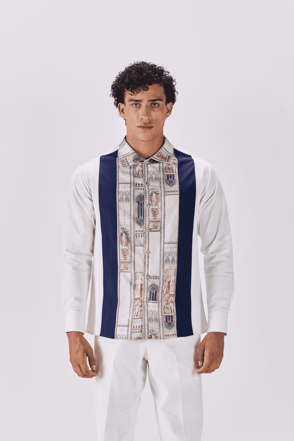Pintuck Pleated Ancient Roman Print Button-Up Shirt