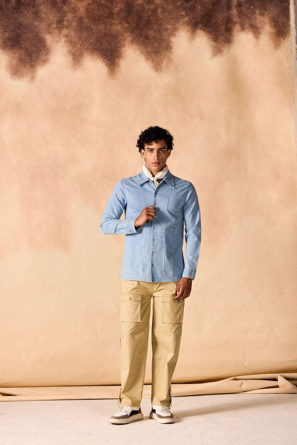 Ice Washed Denim Button-Up Paneled Shirt