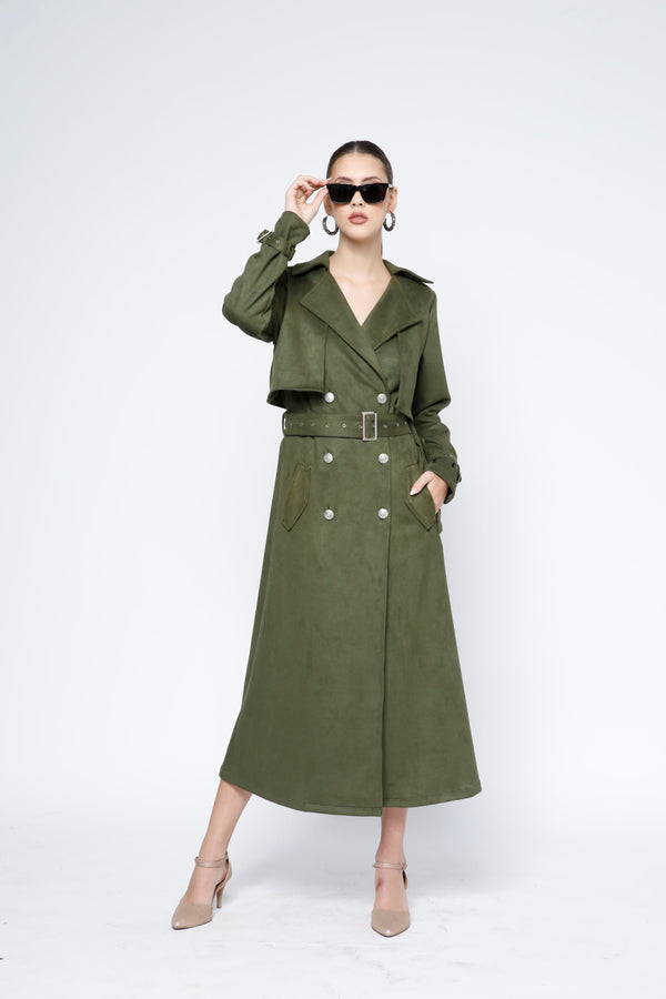 Belted Trench Coat Style Suede Dress