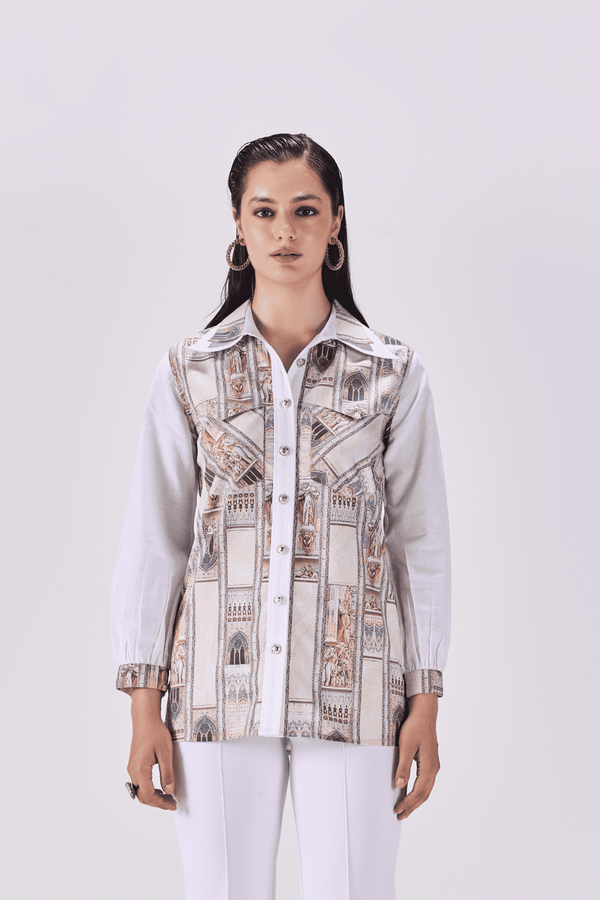 Double Collar Button-Up Ancient Roman Print Shirt