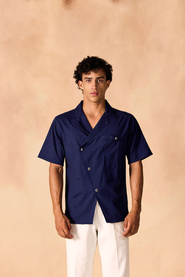 Overlapping Notched Collar Casual Cotton Shirt