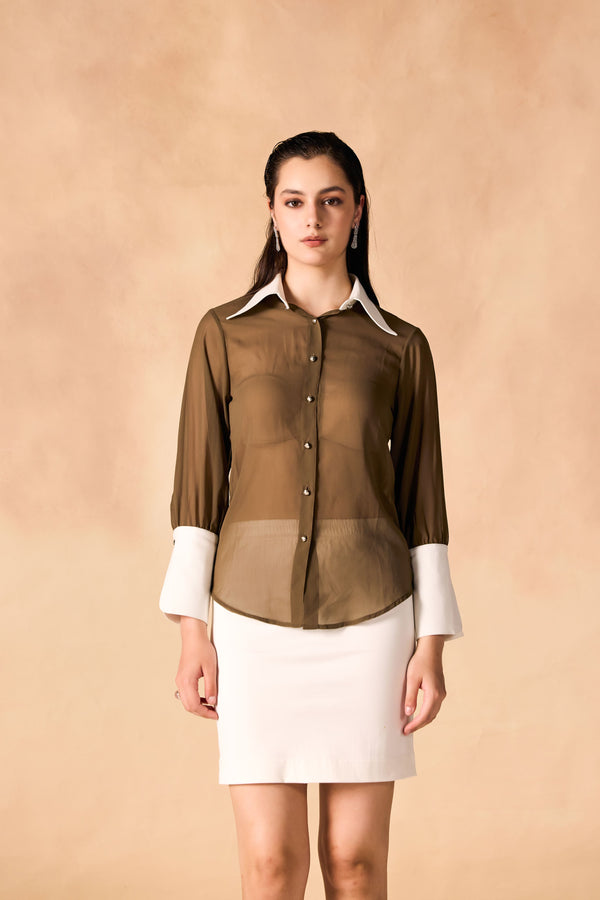 Button-Up Contrast Trim Georgette Sheer Shirt