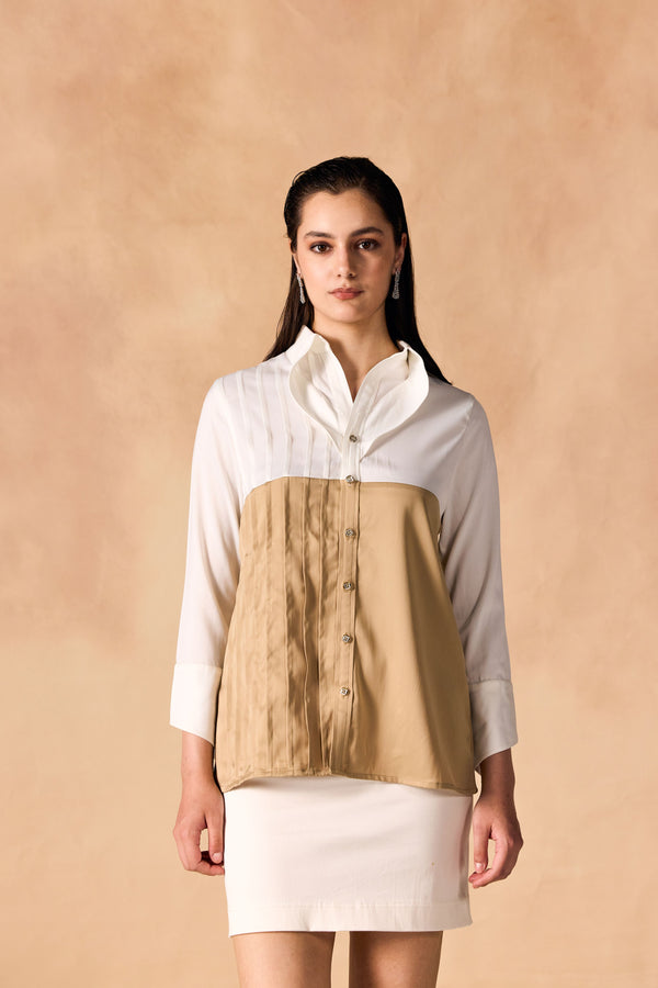 Two-Tone Pintuck Pleated Button-up Satin Shirt