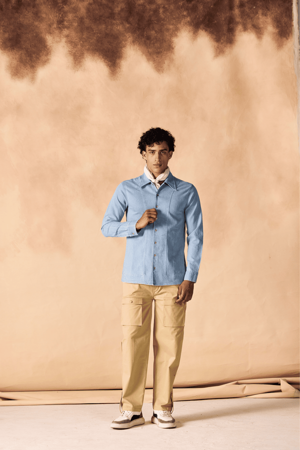 Ice Washed Denim Button-Up Paneled Shirt
