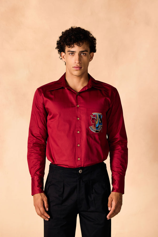 Pleated Collar Embroidered Slim-Fit Shirt