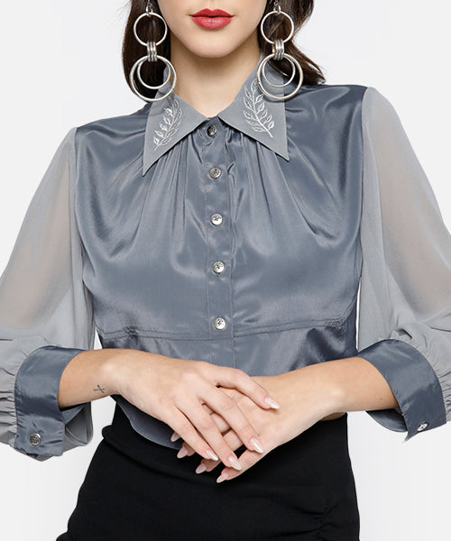 Leaf Embroidered Crop Shirt