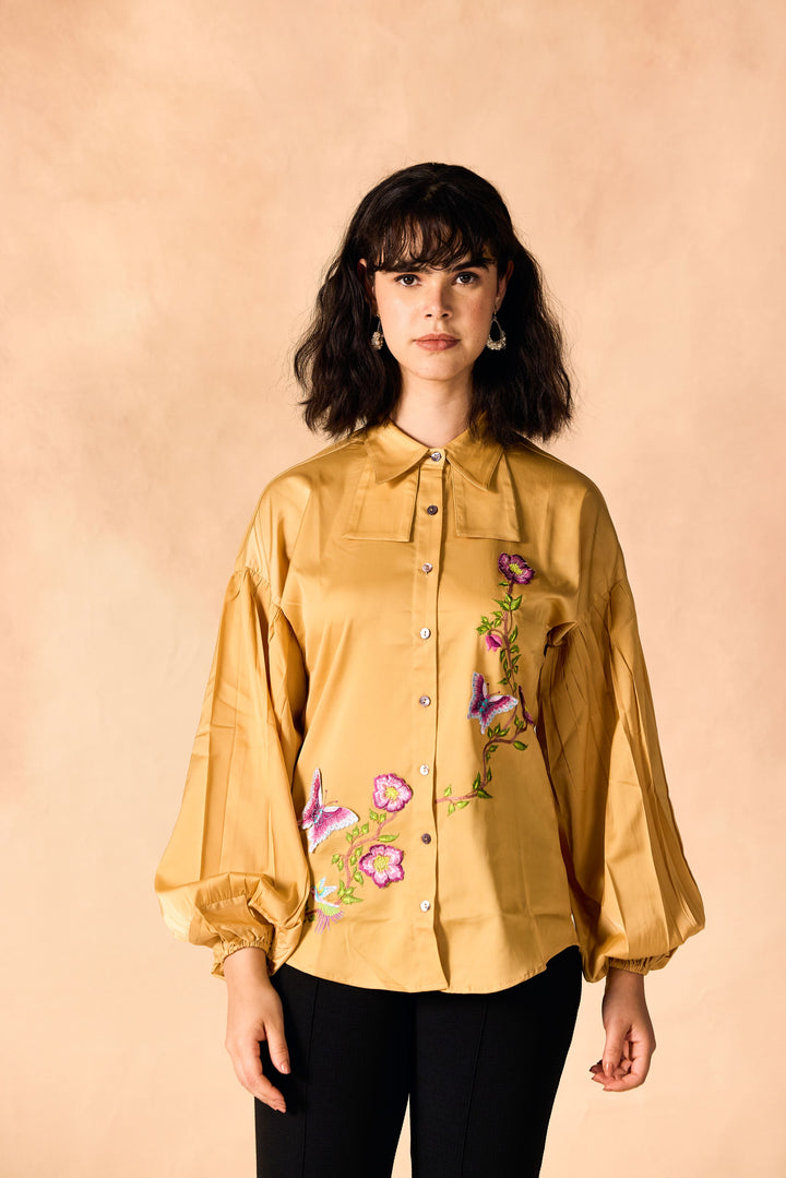 Floral Vine and Butterfly 3D Embroidered Shirt