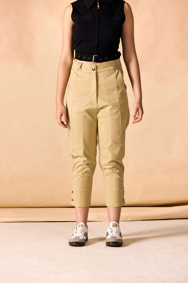 Pleated Buttoned Hem Ankle Length Pants