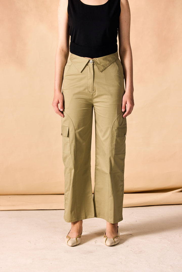 Banded Waist Wide Leg Cargo Pants Sage COTTON TWILL SPANDEX