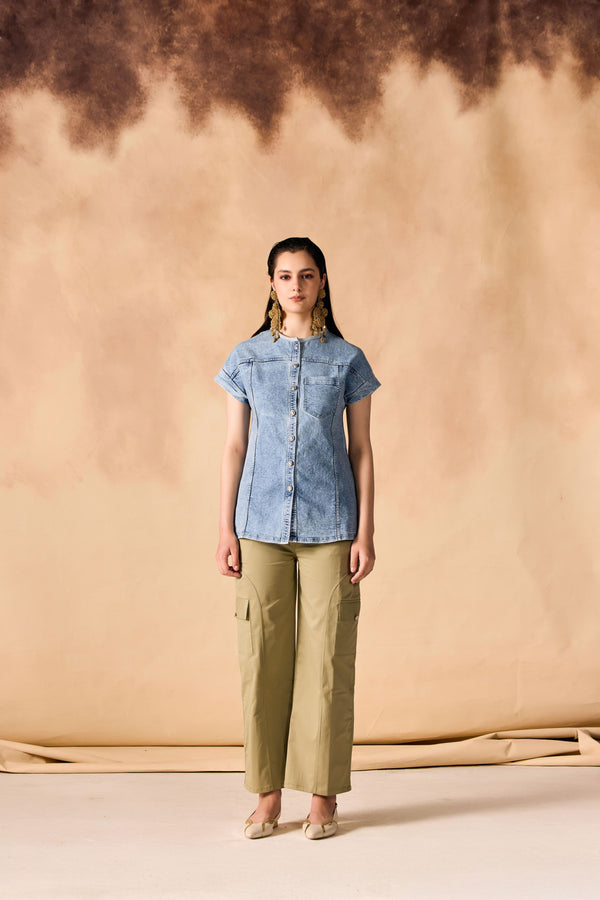 Button-Up Stone Washed Denim Shirt