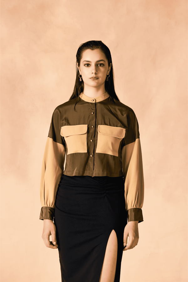 Colorblocked Button-Down Crop Shirt