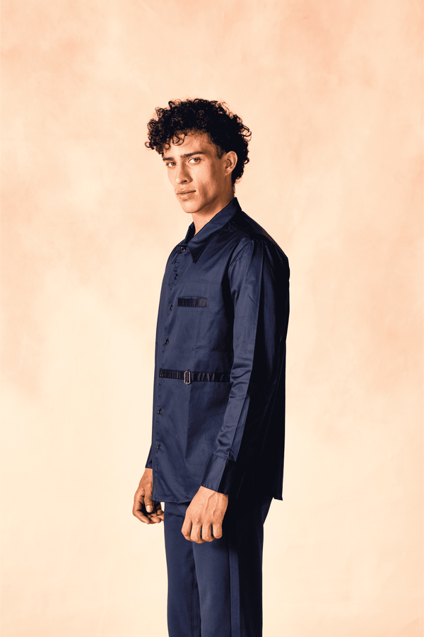 Attached Contrast Belted Cotton Satin Party Shirt