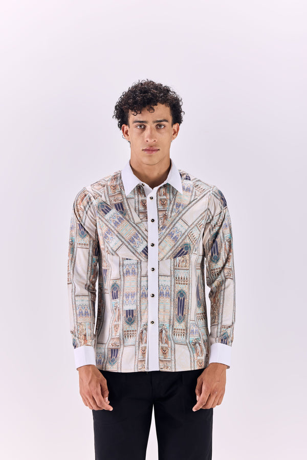 Contrast Collar Ancient Roman Print Button-Up Shirt