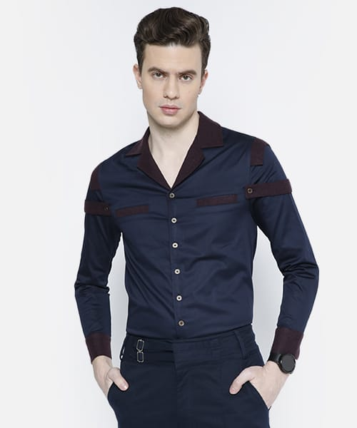 Cuban Collar Contrast Trim Slim-Fit Shirt