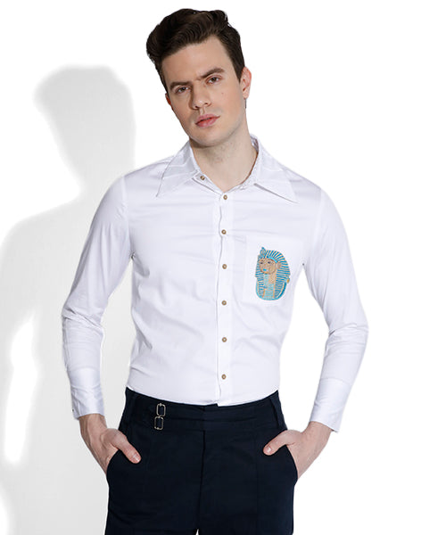 Pleated Collar Embroidered Slim-Fit Shirt