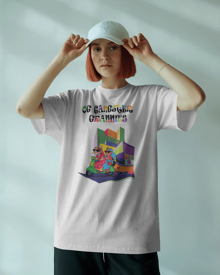 White OG Gangster Grannies Unisex Graphic T-Shirt Female Boxy-Fit