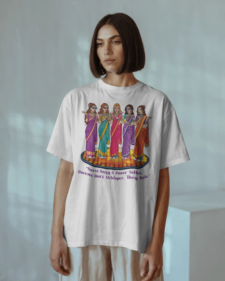White Bold & Trendy Saree Queens Artwork Unisex T-Shirt Female Boxy-Fit