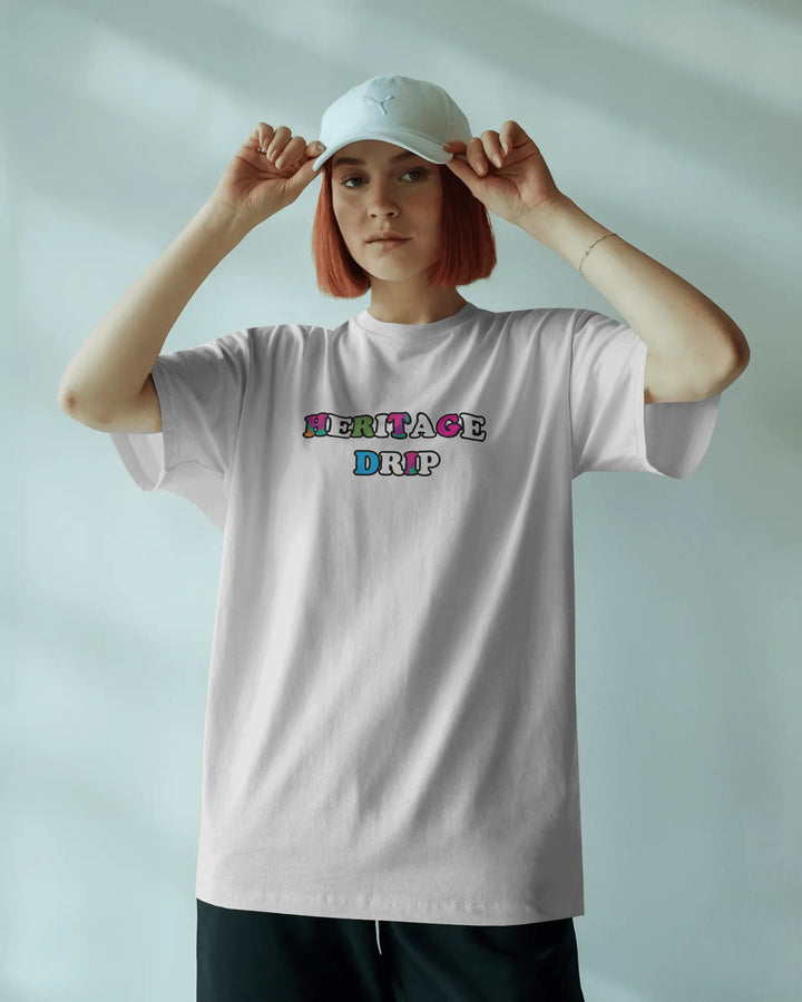 White Heritage Drip with Bold Kathakali Artwork Unisex T-Shirt Boxy-Fit Female