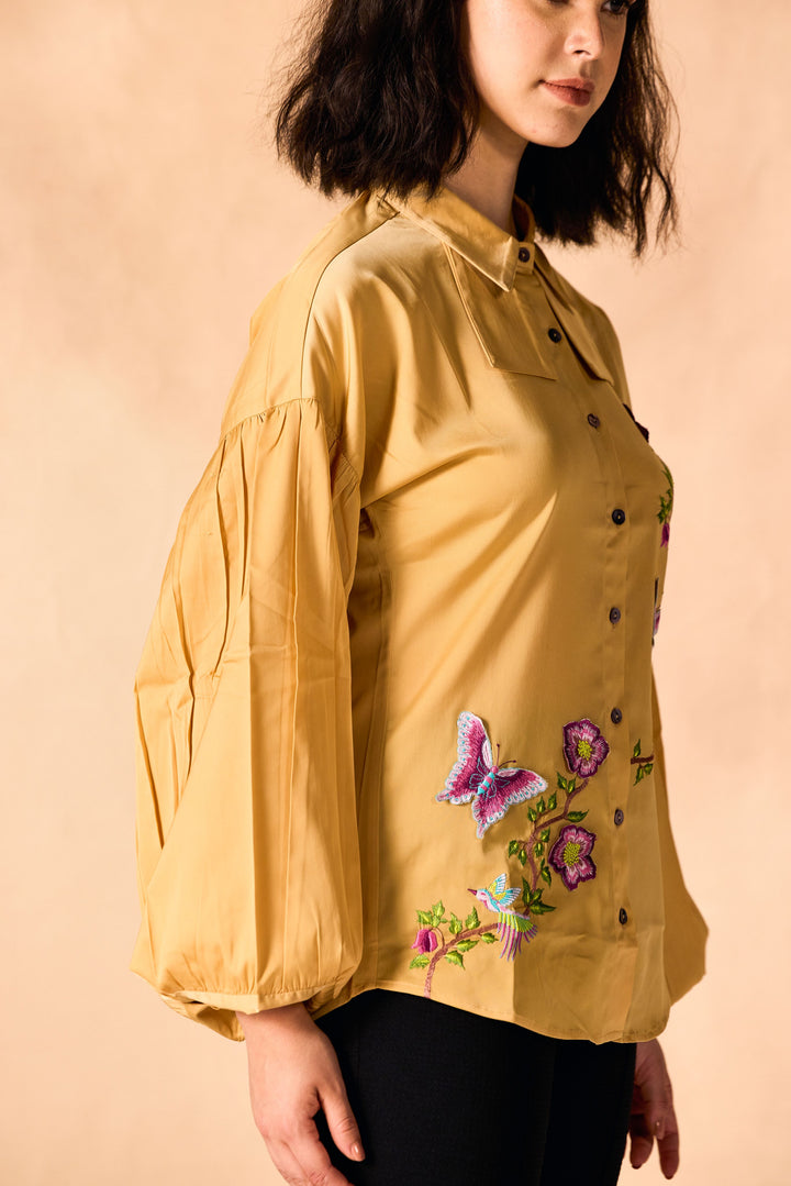 Floral Vine and Butterfly 3D Embroidered Shirt