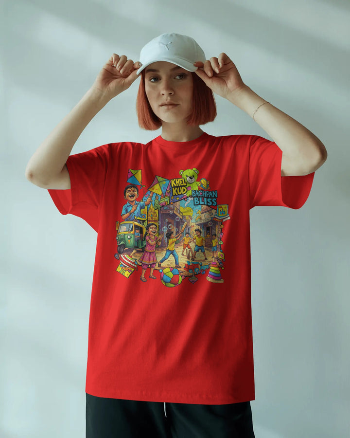 Red Playful Childhood Street Art Unisex T-Shirt Female Boxy-Fit