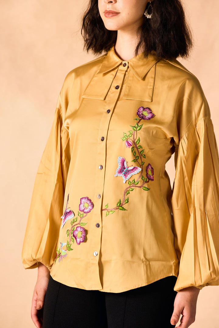 Floral Vine and Butterfly 3D Embroidered Shirt