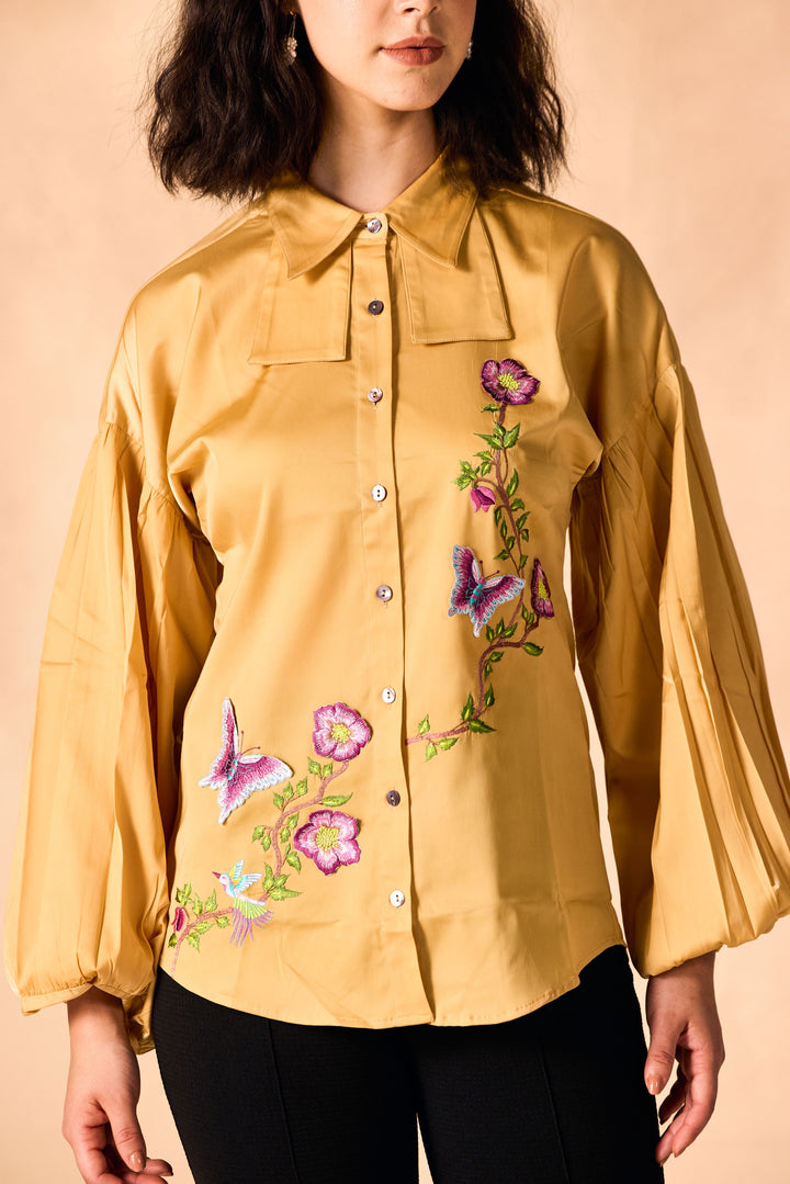 Floral Vine and Butterfly 3D Embroidered Shirt Golden Cream BLENDED SATIN