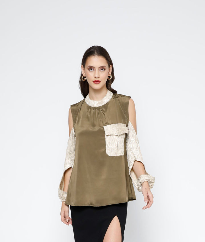 Two-Tone Cut-out Sleeves Top Burnt Olive CREPE