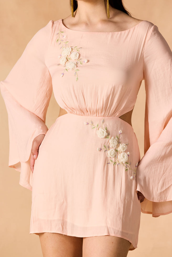 Floral Vine 3D Embroidered Short Dress Pale Peach PEACH SATIN