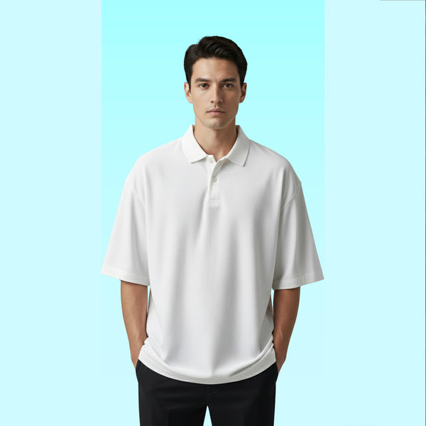 White Korean Oversized-Fit Men's Polo T-shirt