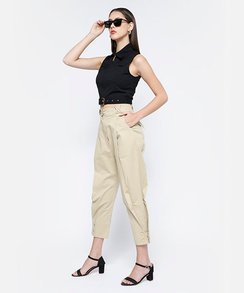 Buttoned Hem Balloon Leg Pants