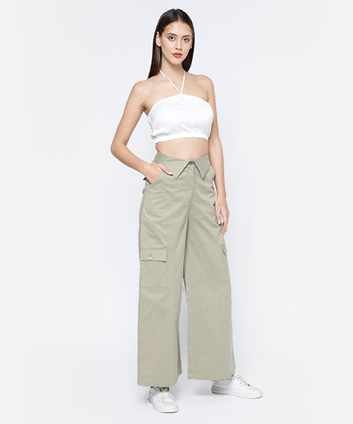 Banded Waist Wide Leg Cargo Pants