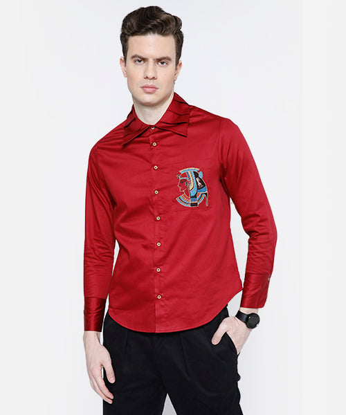 Pleated Collar Embroidered Slim-Fit Shirt