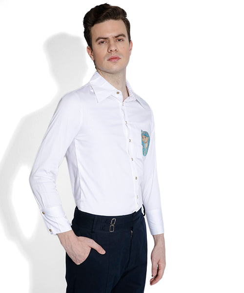 Pleated Collar Embroidered Slim-Fit Shirt